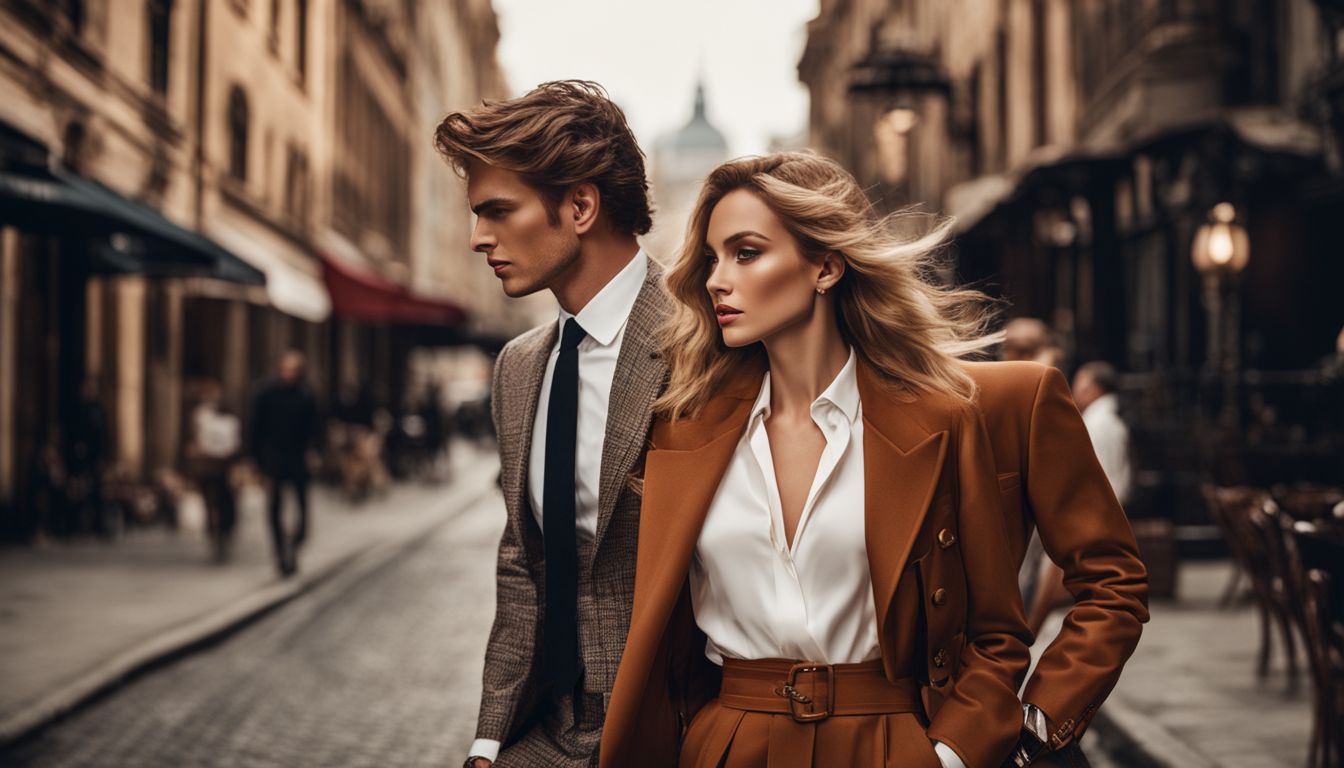 A stylish couple wearing Ralph Lauren outfits walking in a vintage-inspired cityscape with detailed features and different styles.