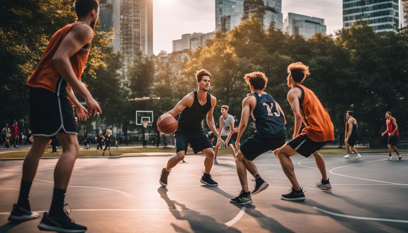 A diverse group of friends playing basketball in a city park, captured with a high-quality camera for a vivid, realistic image.