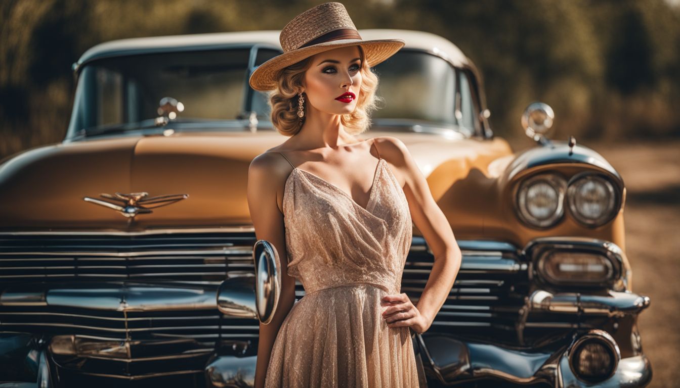 A woman in a vintage dress and hat stands in front of a classic car in a portrait photography shot.