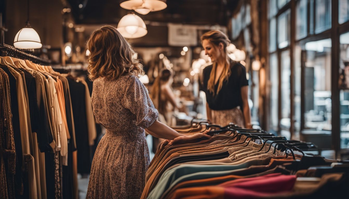 A Caucasian woman in a vintage dress browses through clothes in a trendy vintage boutique.