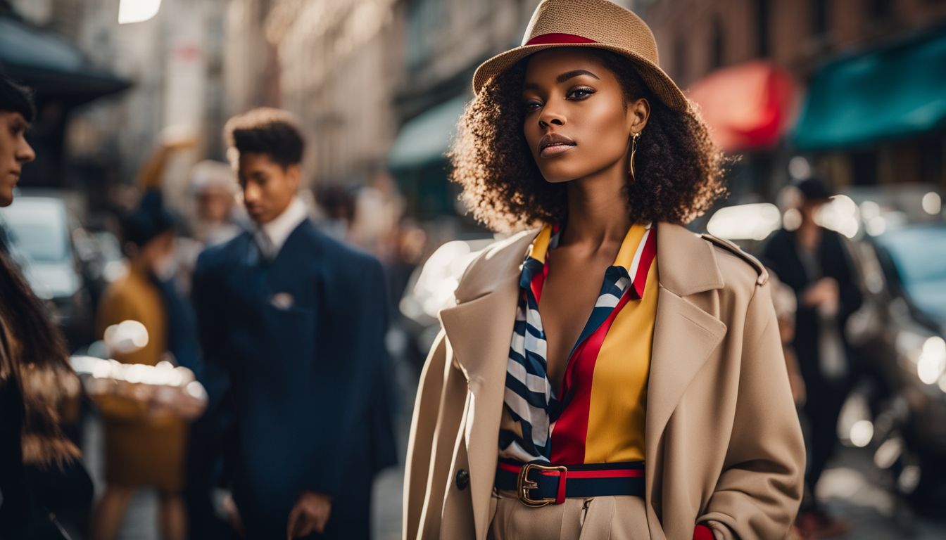 A photo of a woman in a vintage Tommy Hilfiger outfit, standing in a busy city street surrounded by diverse street fashion.