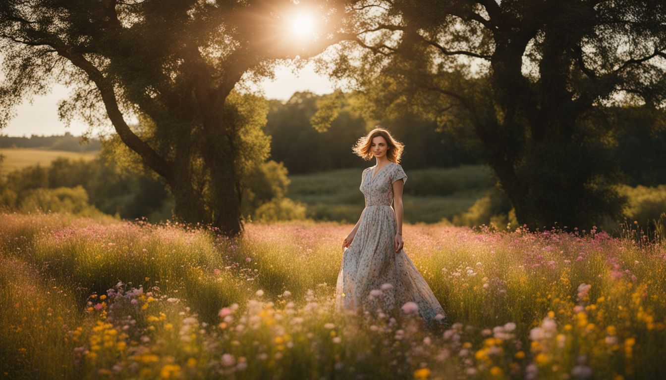 A woman in a vintage dress poses in a field of wildflowers, showcasing different hairstyles and outfits.