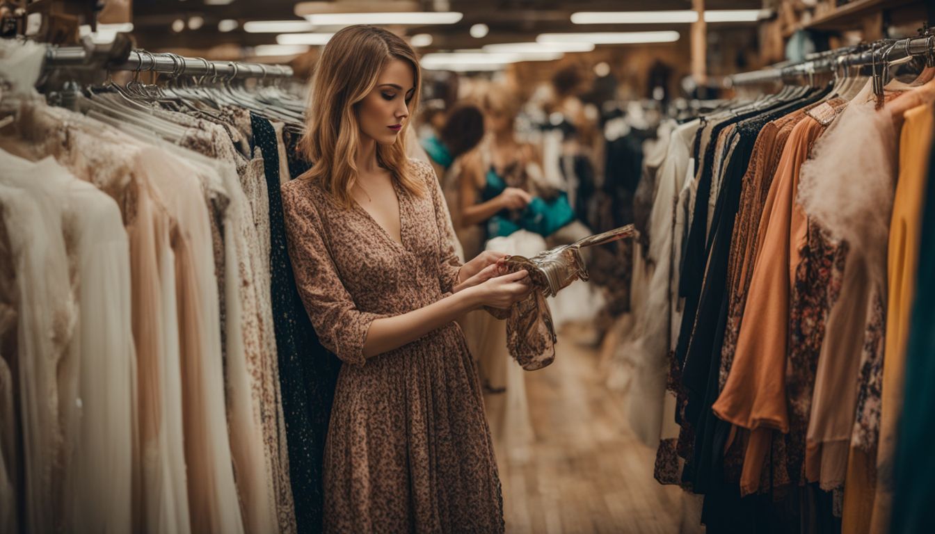 A woman browsing vintage clothing at a thrift store, surrounded by racks of various styles and colors.
