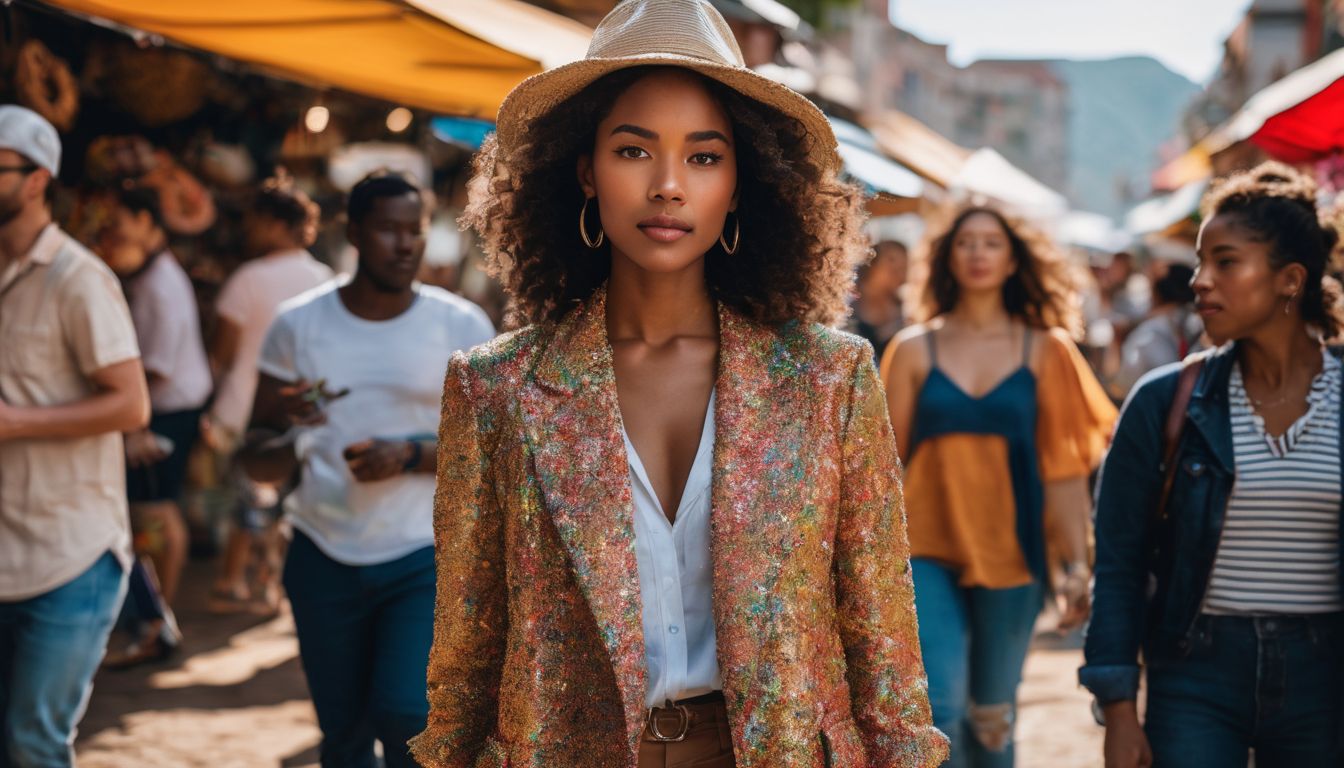 A diverse group of people wearing stylish second-hand clothes walk through a colorful outdoor market in a bustling atmosphere.