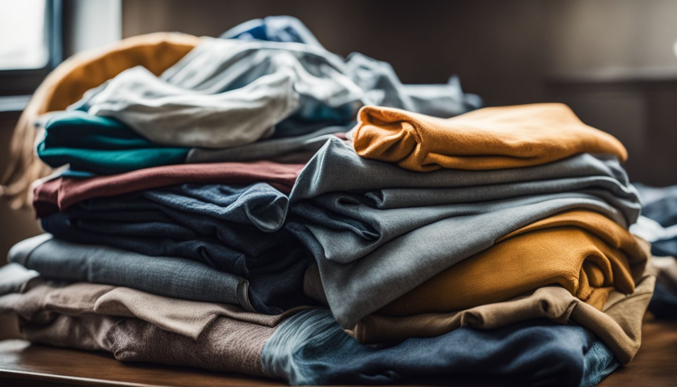 A stack of clean second-hand clothes ready to be worn, featuring various faces, hairstyles, and outfits.