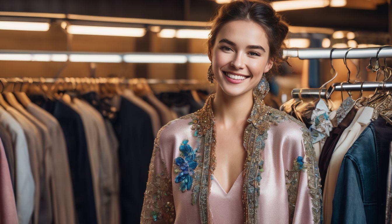 A smiling woman in fashionable second-hand clothes surrounded by diverse clothing options in a bustling atmosphere.