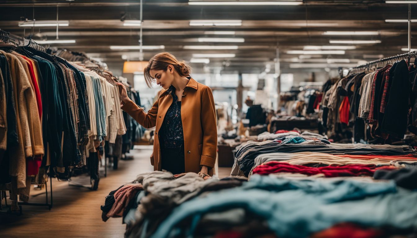 A person is looking through a rack of second-hand clothes in a well-lit thrift store filled with diverse faces and outfits.