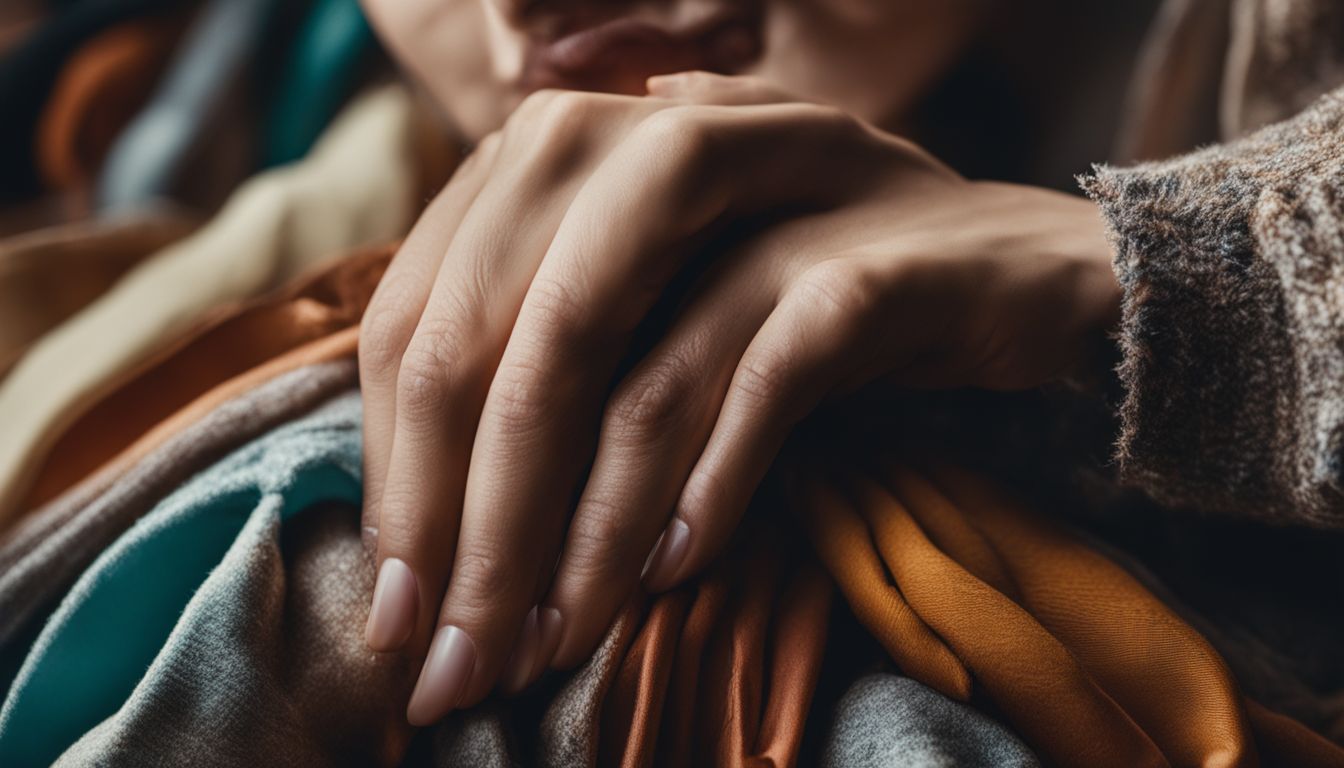 A close-up photo of a person scratching their itchy skin surrounded by piles of second-hand clothes.