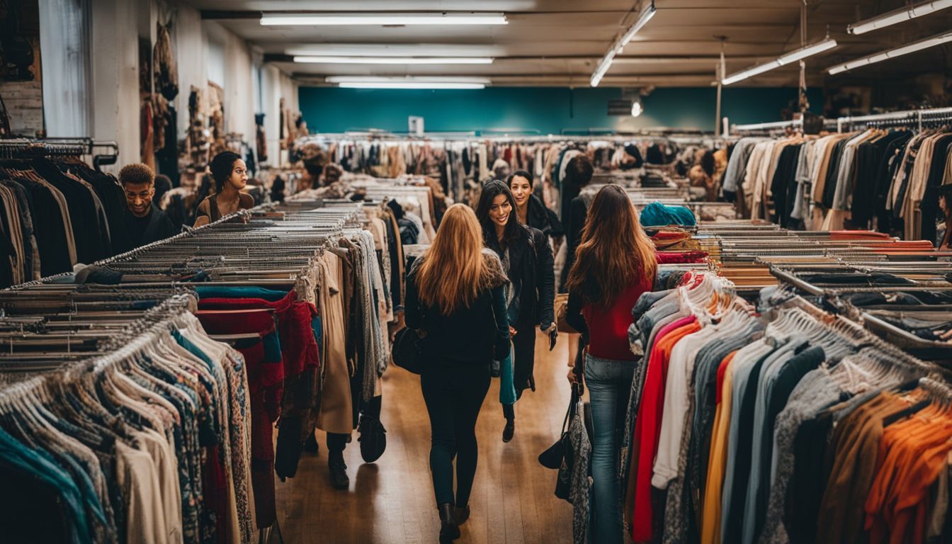 Diverse group of people browsing through racks of second-hand clothing in a bustling thrift store.