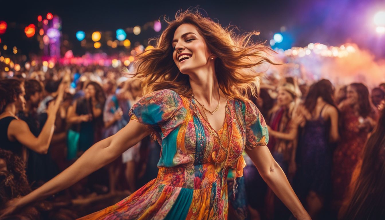 A woman in a colorful '70s-inspired dress dancing at a music festival, surrounded by a crowd with a cityscape backdrop.