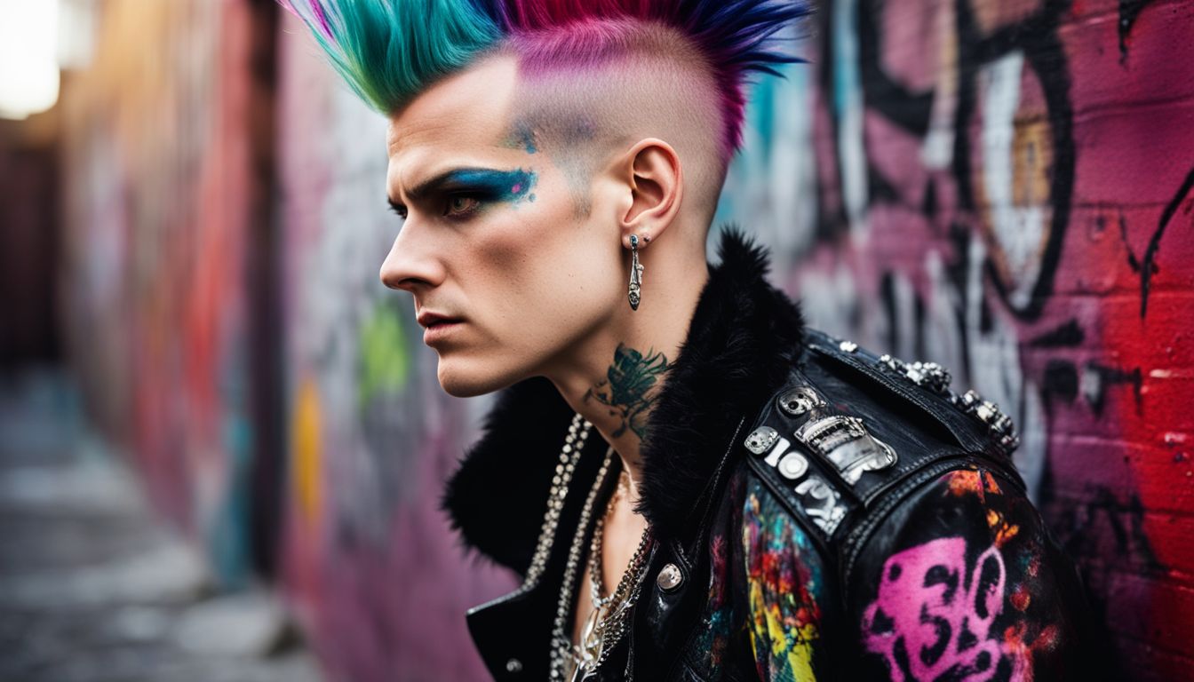 A colorful punk rocker in torn clothing stands in a graffiti-covered alley, with a highly detailed face and distinctive mohawk.