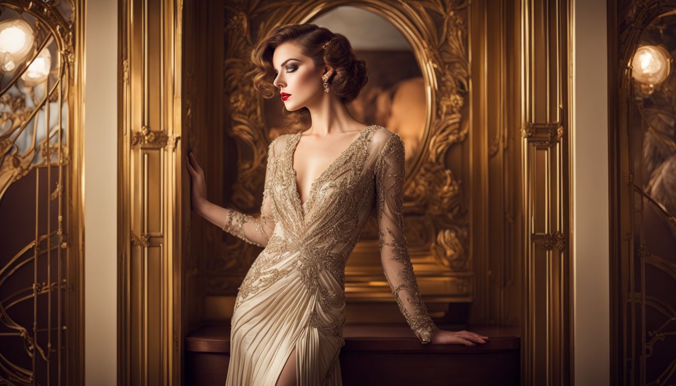A Caucasian woman wearing a vintage-inspired gown is surrounded by opulent Art Deco decor in a portrait photograph.