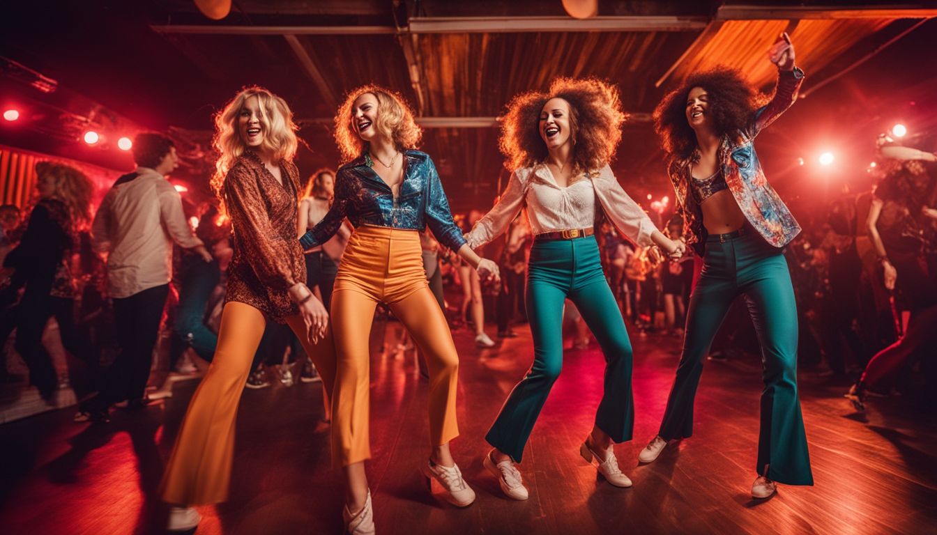 A diverse group of friends dressed in '70s outfits, dancing at a retro roller disco.