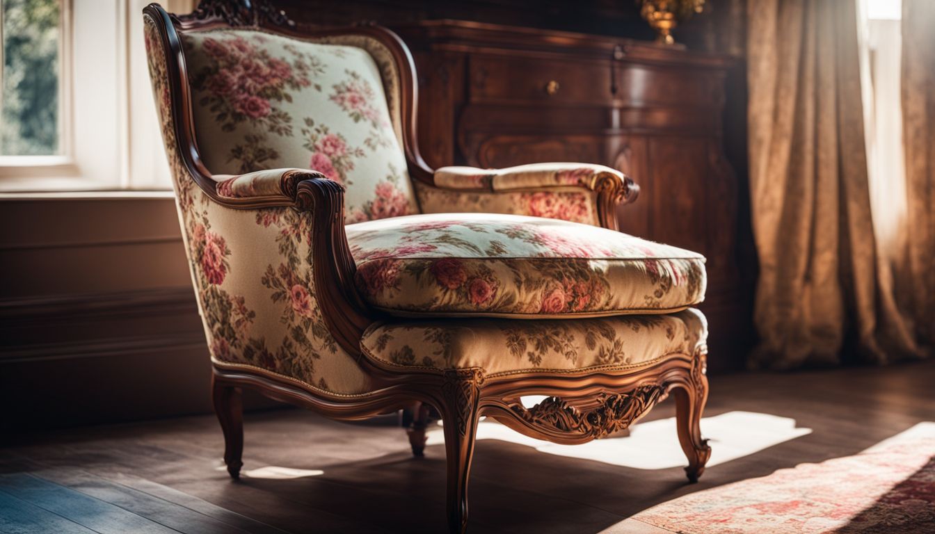 A photo of a vintage Victorian-style chair in a sunlit room with varied people and outfits.