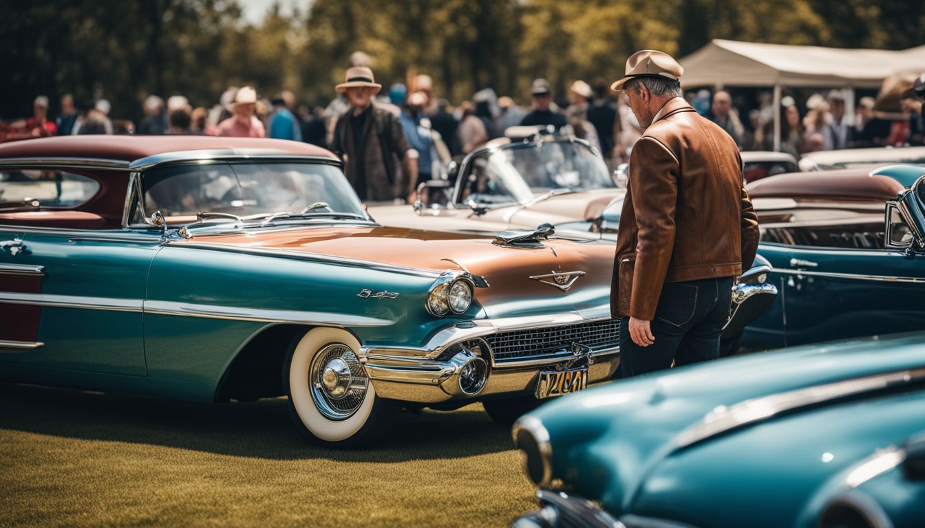 A vintage car enthusiast admiring a restored antique car at a classic car show.