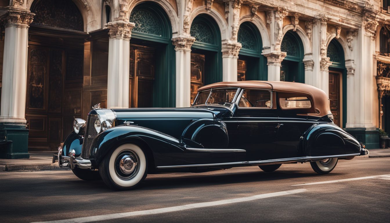 A vintage car parked in front of a historic building in a bustling city, with a diverse group of people.
