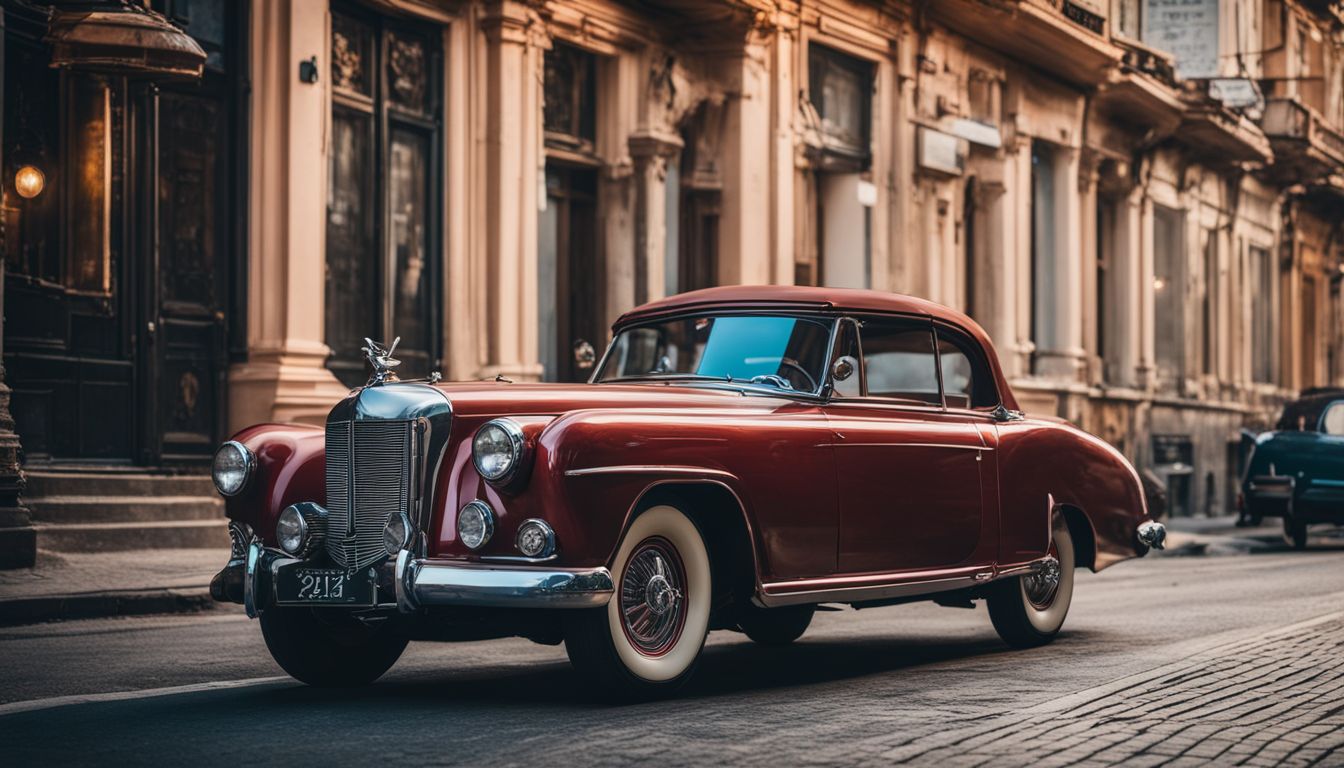 A photo of an antique car parked on a historic street with vintage buildings and a bustling atmosphere.