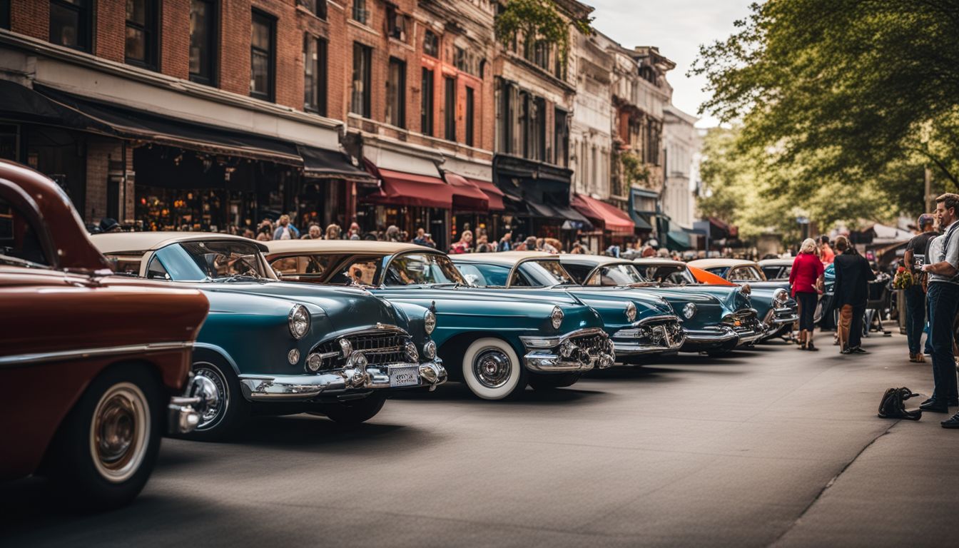 An antique car show in a lively city setting with a diverse group of people and well-lit surroundings.