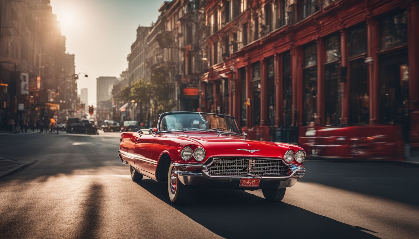A vintage red convertible drives through a city street, capturing the diverse and bustling atmosphere with a cinematic style.