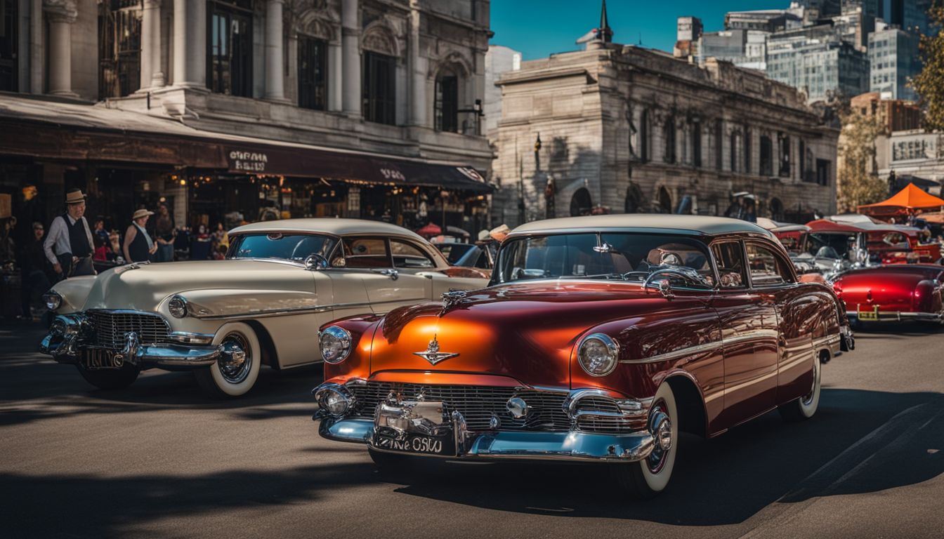 An antique car show with a diverse range of classic and vintage vehicles, capturing the bustling atmosphere and variety of attendees.