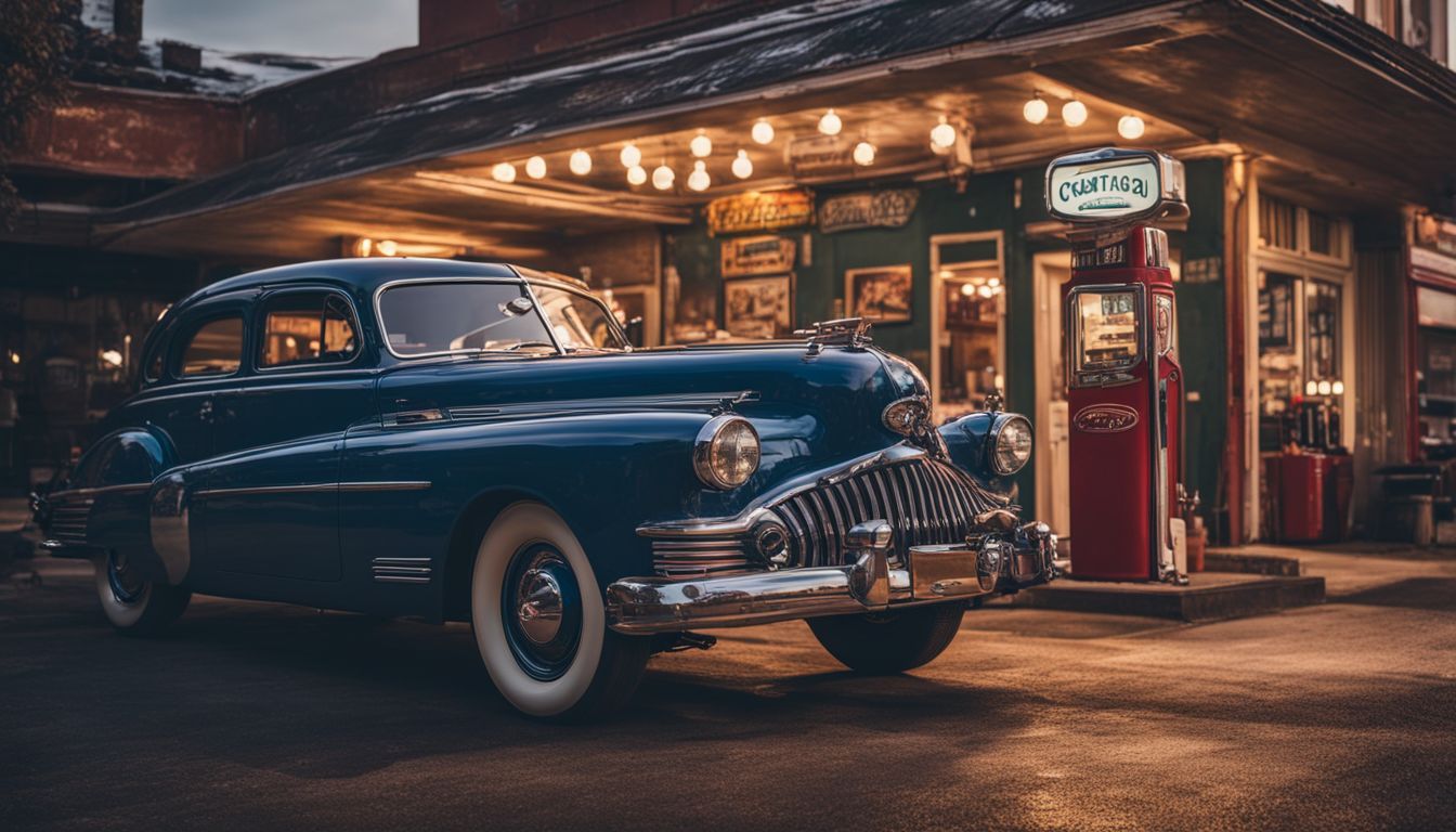 An antique car parked in front of a vintage gas station with a bustling cityscape in the background.