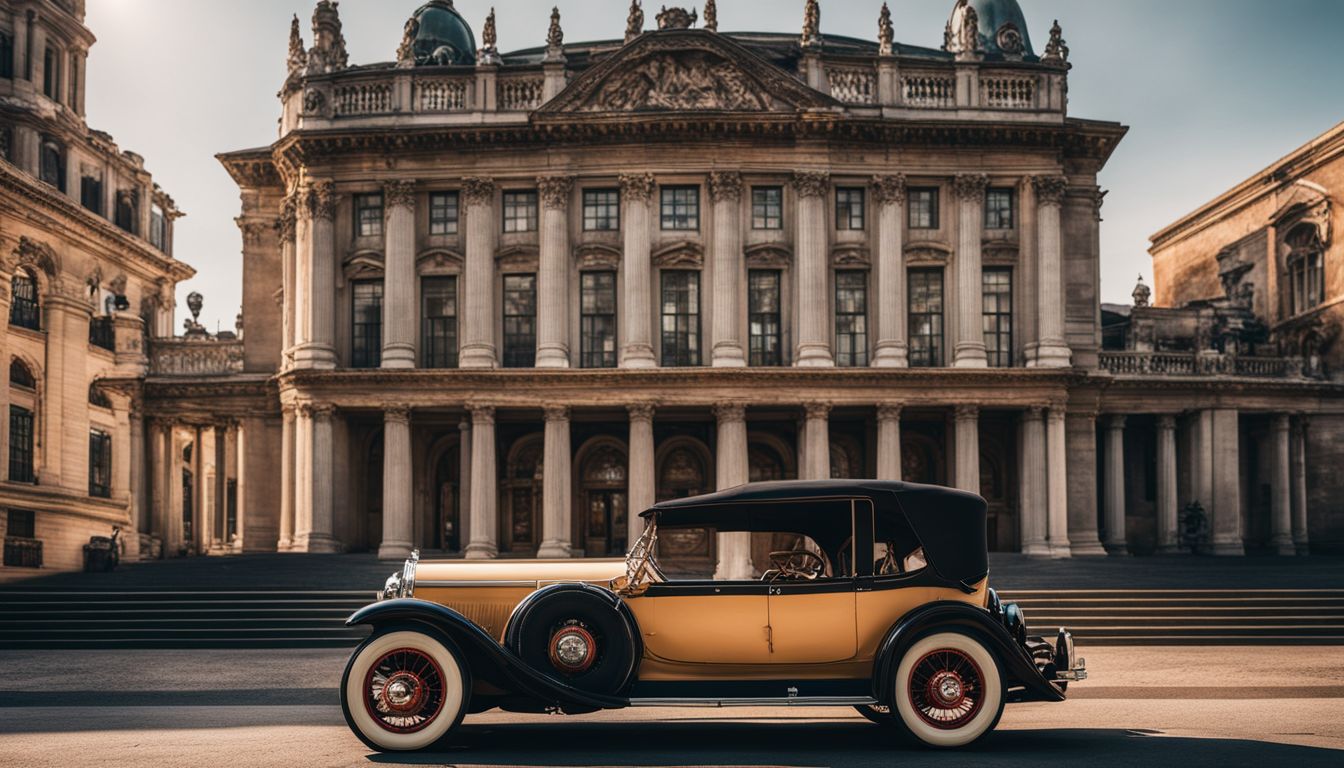 An antique car parked in front of a historic building with diverse people and bustling atmosphere.