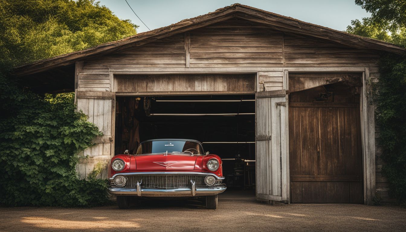 A vintage car parked in front of an old garage in a lush green countryside, with people of different appearances and styles.