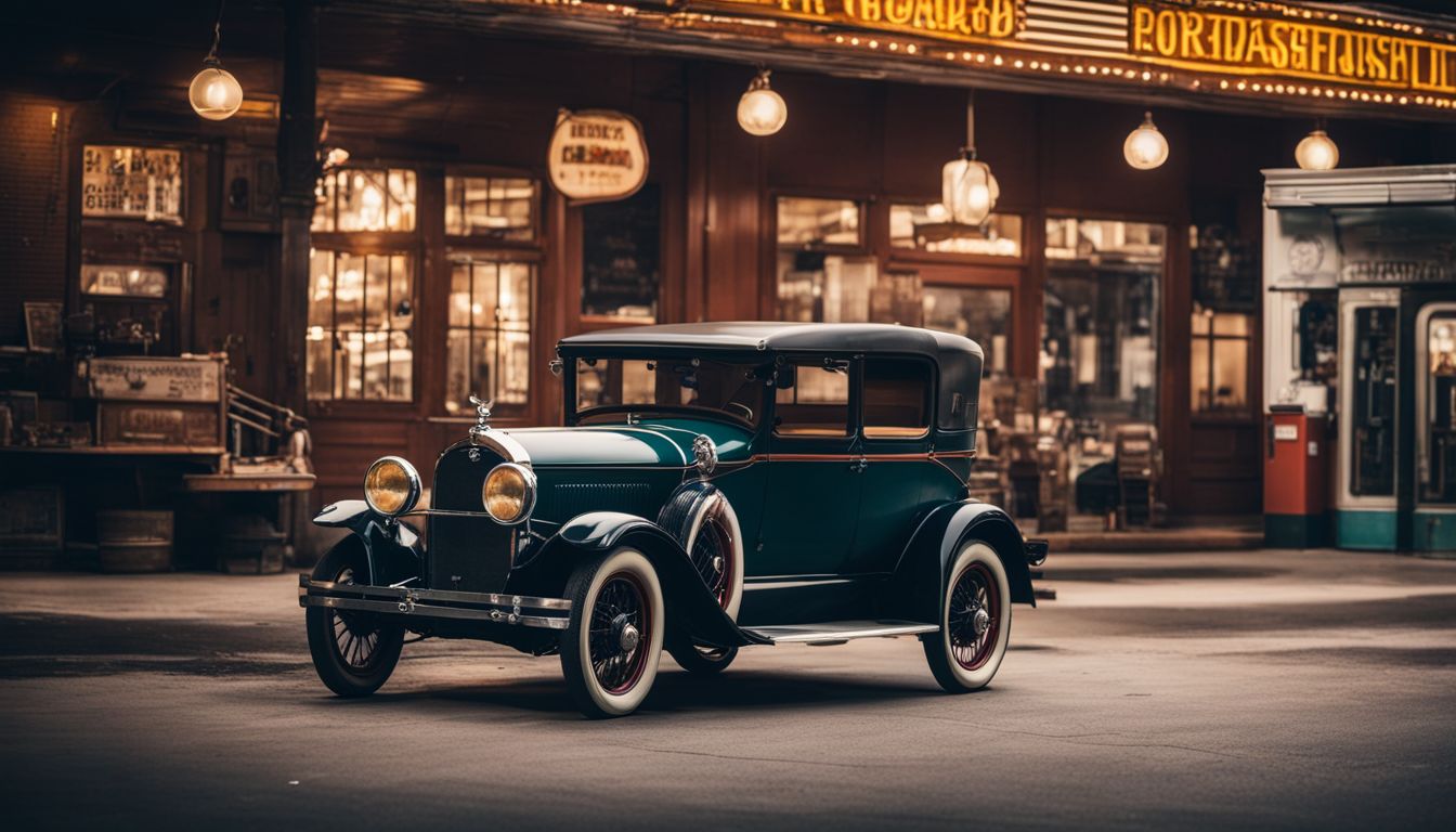 A photo of a 1920s antique car parked in front of a vintage gas station, with a diverse group of people.