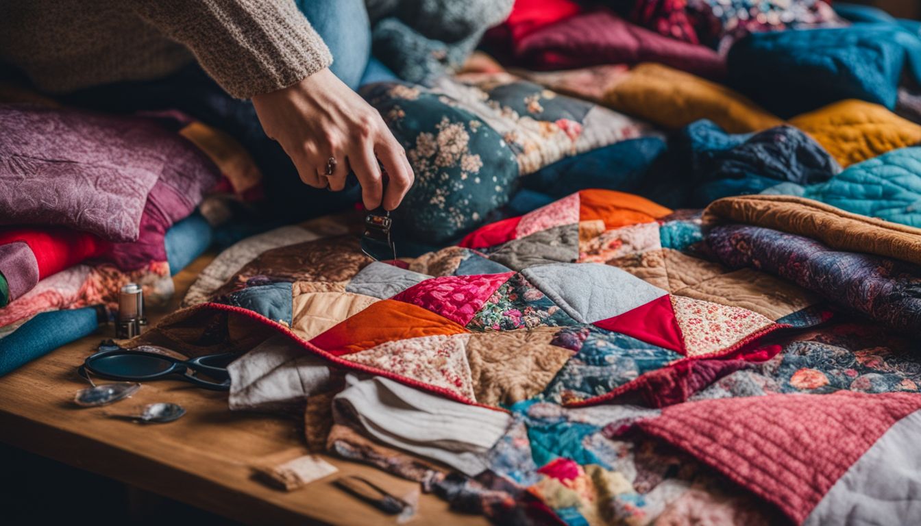A patchwork quilt made from old clothing surrounded by sewing supplies and colorful fabric scraps, depicting diverse faces, hairstyles, and outfits.
