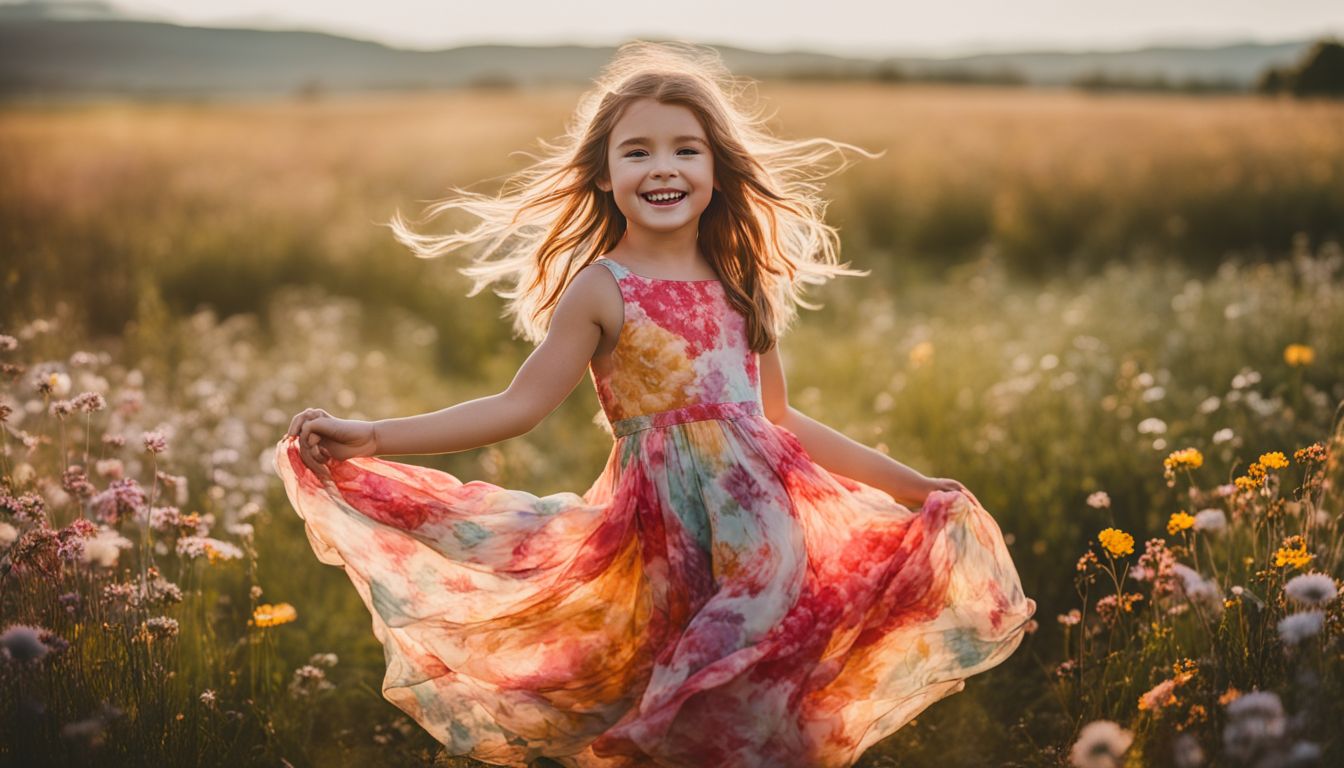 A little girl twirling in a flower field, wearing colorful dresses with various hairstyles, captured in vibrant and clear photos.