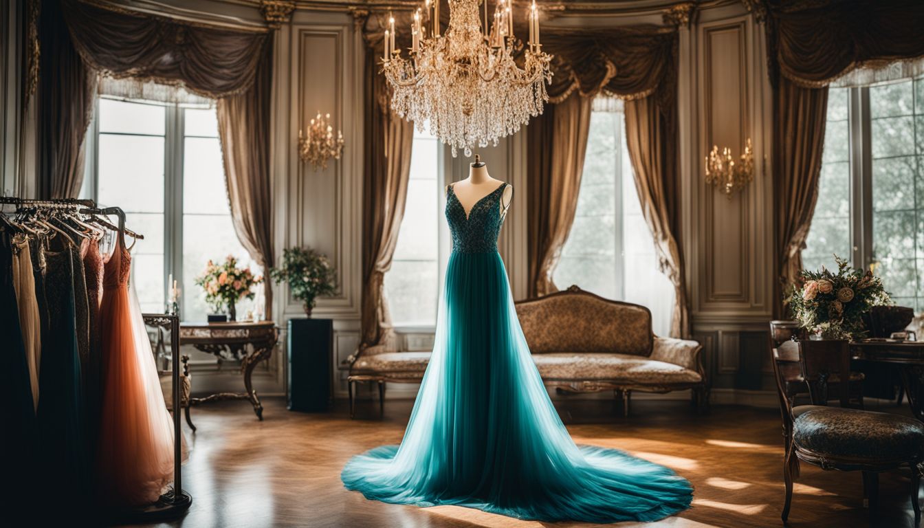A stunning ballroom gown displayed on a vintage clothing rack, surrounded by elegant chandeliers and captured in a bustling atmosphere.