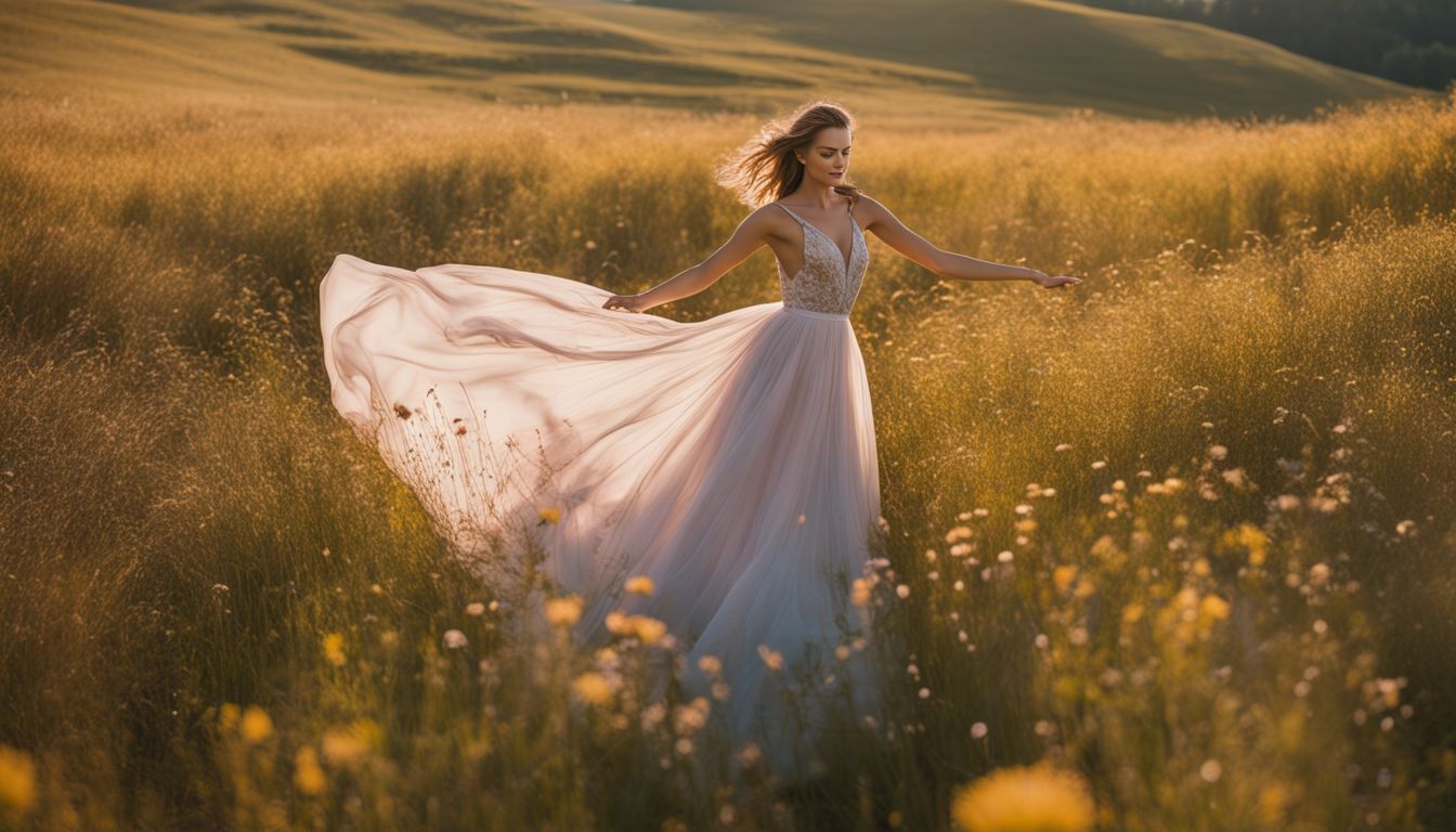 A model in various outfits and hairstyles twirls in a flower-filled meadow for a fashion photography shoot.