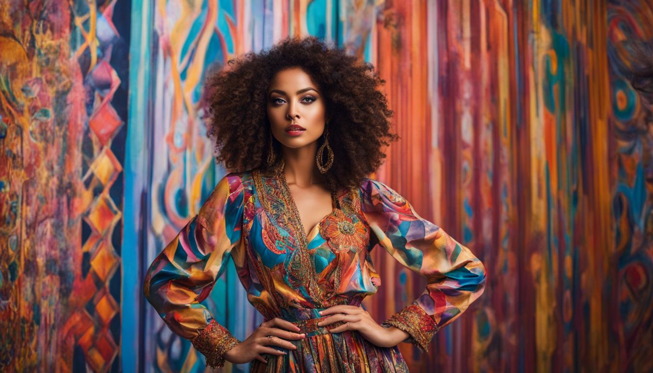 A photo of a woman wearing a colorful dress in front of a vibrant mural, showcasing different faces, hair styles, and outfits.
