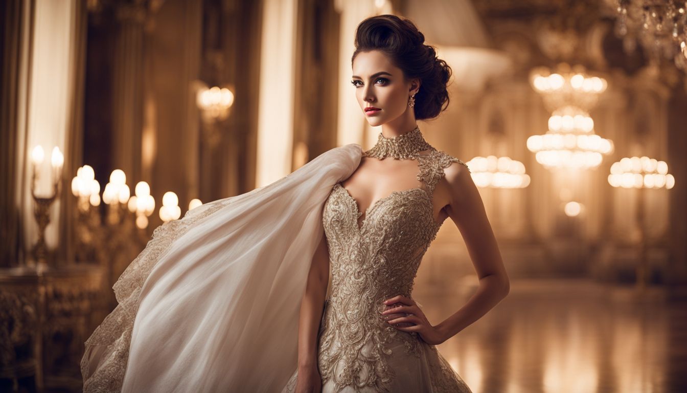 A Caucasian woman wearing a stunning trumpet dress stands in a grand ballroom for a portrait photoshoot.