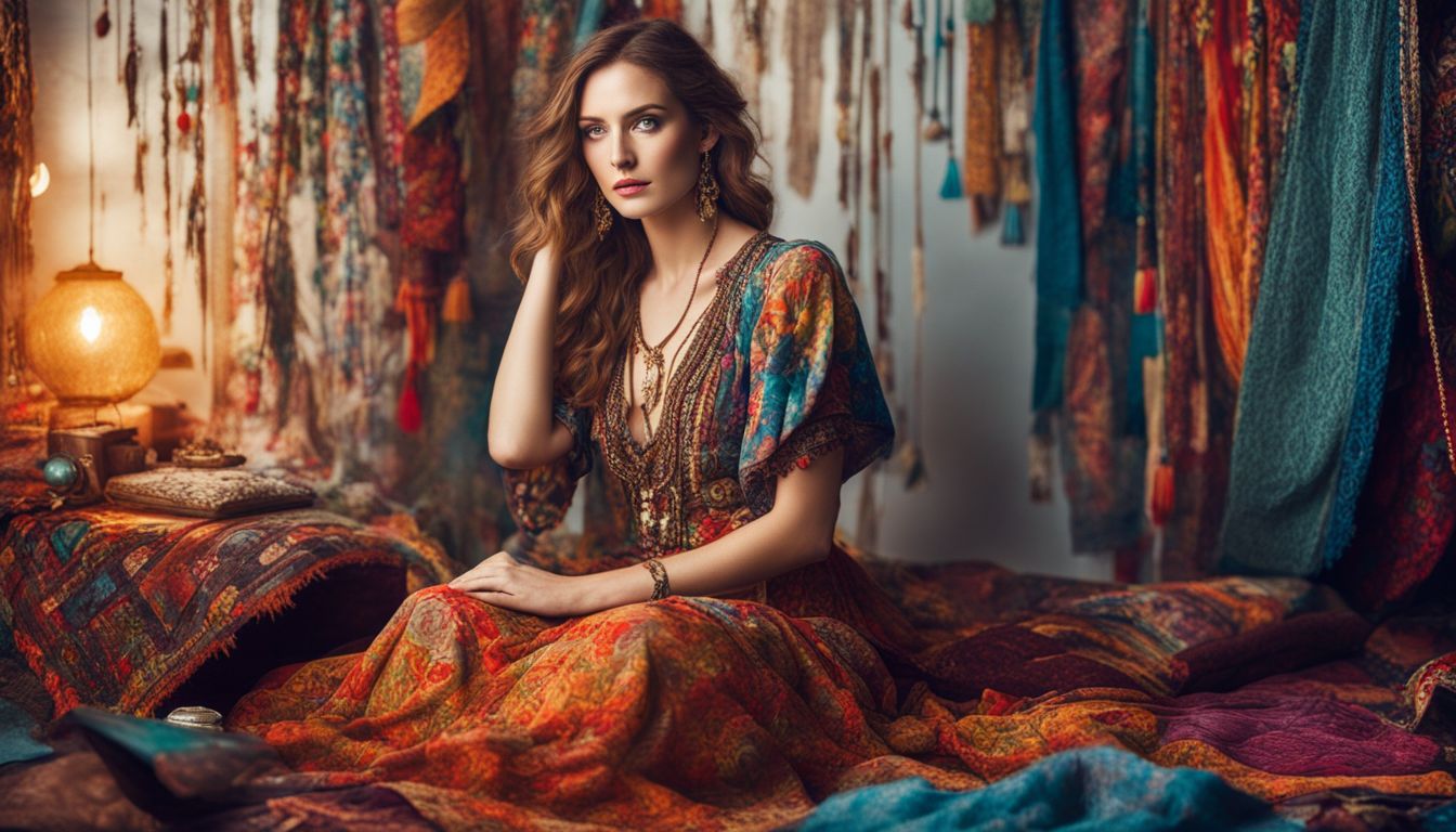 A woman in a bohemian dress surrounded by fabric and sewing materials, with detailed eyes, skin, and various hairstyles and outfits.