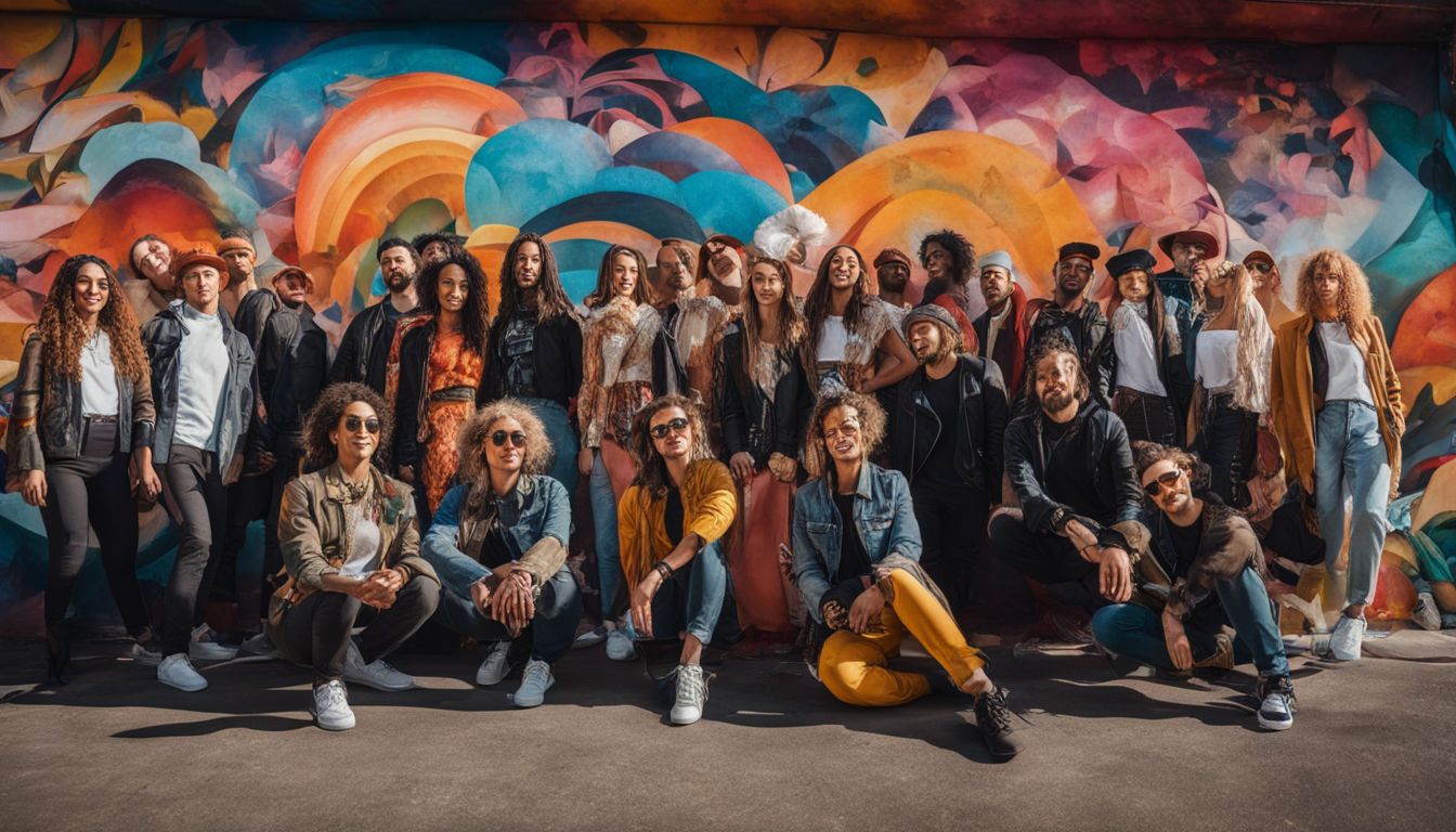 A diverse group wearing upcycled clothing poses in front of a vibrant mural for street fashion photography.