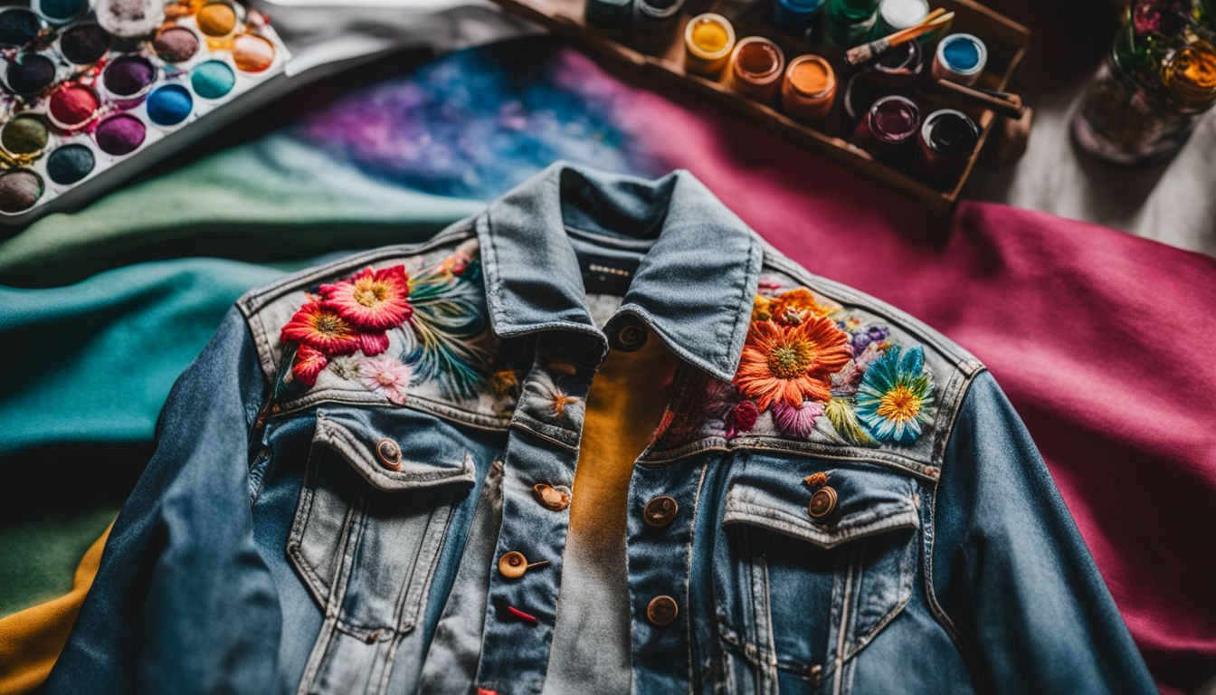 A photo of a customized denim jacket with embroidered floral designs surrounded by colorful fabric paints and dyes.
