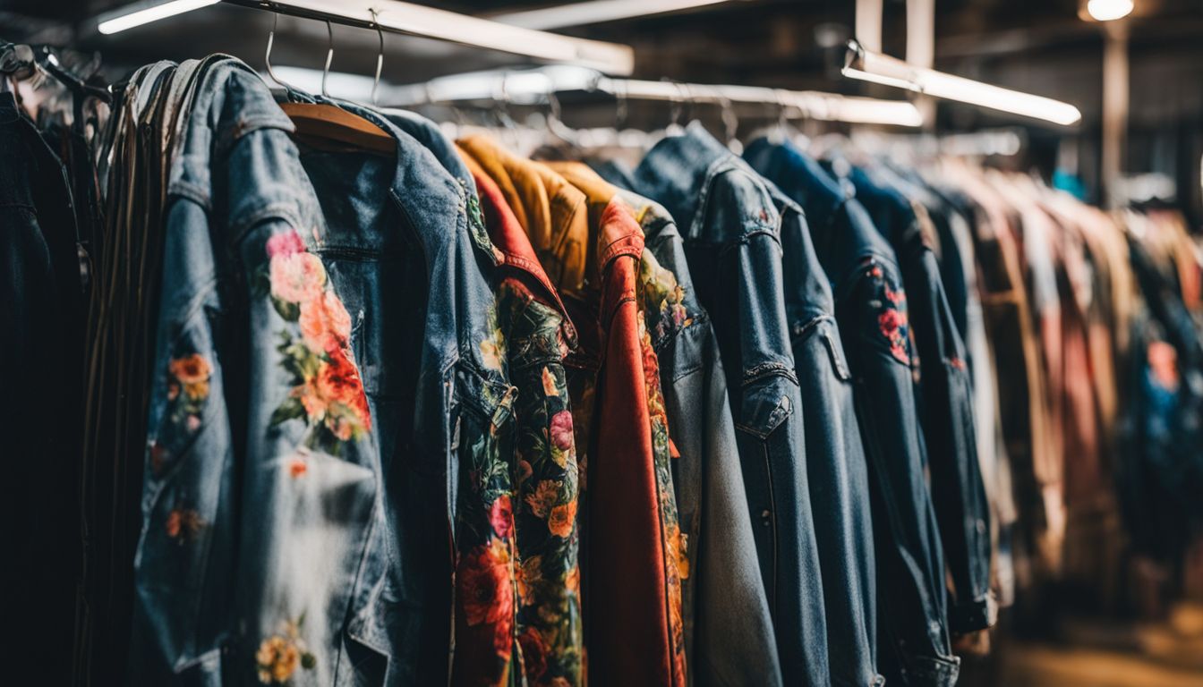 Colorful hand-painted denim jackets hanging in a creative studio with diverse faces, hair styles, and outfits.