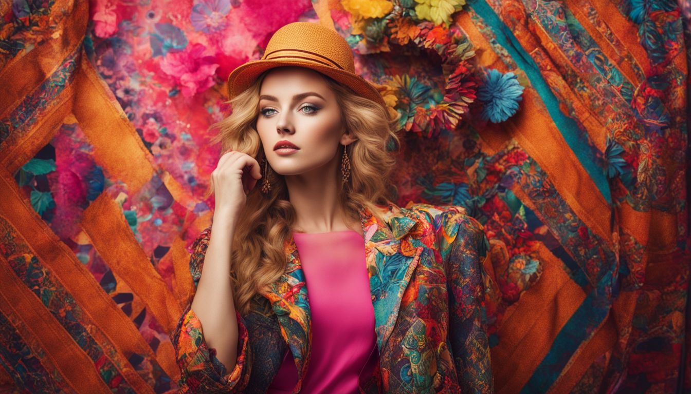 A stylish young woman posing in a colorful, upcycled outfit surrounded by vibrant patterns and textures.