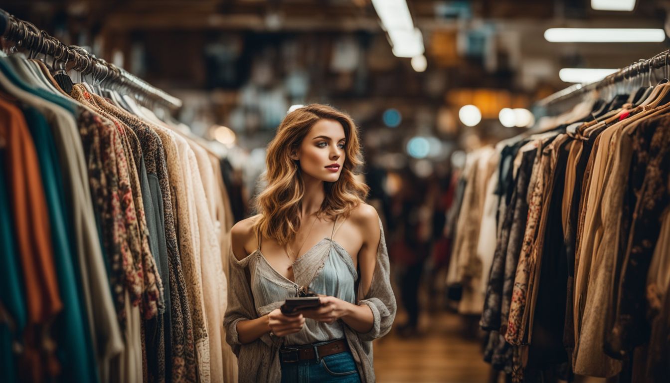 A stylish young woman shopping for vintage clothing in a busy thrift store.