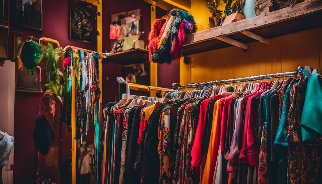 A vibrant, upcycled clothing rack surrounded by eclectic fashion accessories and featuring various faces, hair styles, and outfits.