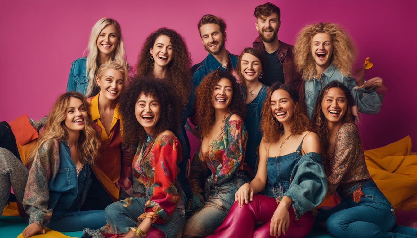 A diverse group of people joyfully upcycle old clothes together in a colorful studio.