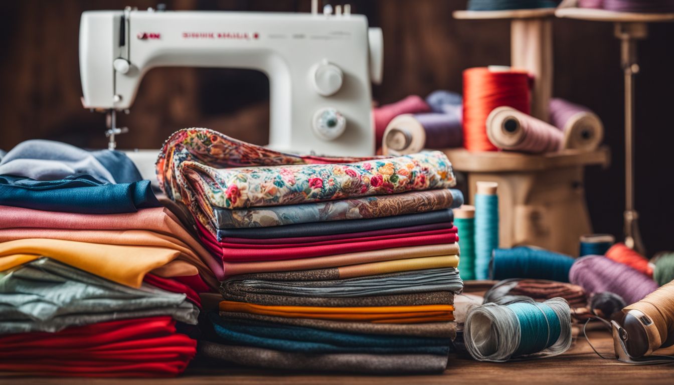A colorful stack of fabric scraps with sewing tools and a sewing machine in the background, representing a bustling, creative atmosphere.