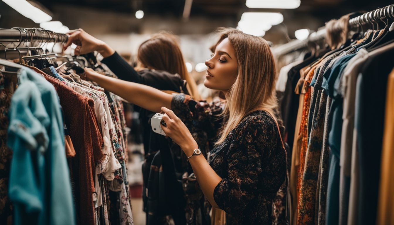 A person searching through a rack of clothes in a well-lit thrift store with a variety of clothing items.