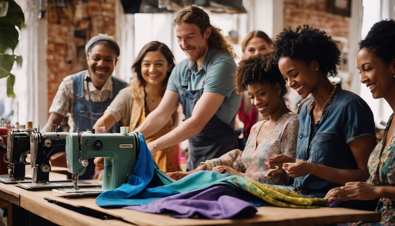 A diverse group of people happily participating in a clothing upcycling workshop, with sewing machines and colorful fabric.