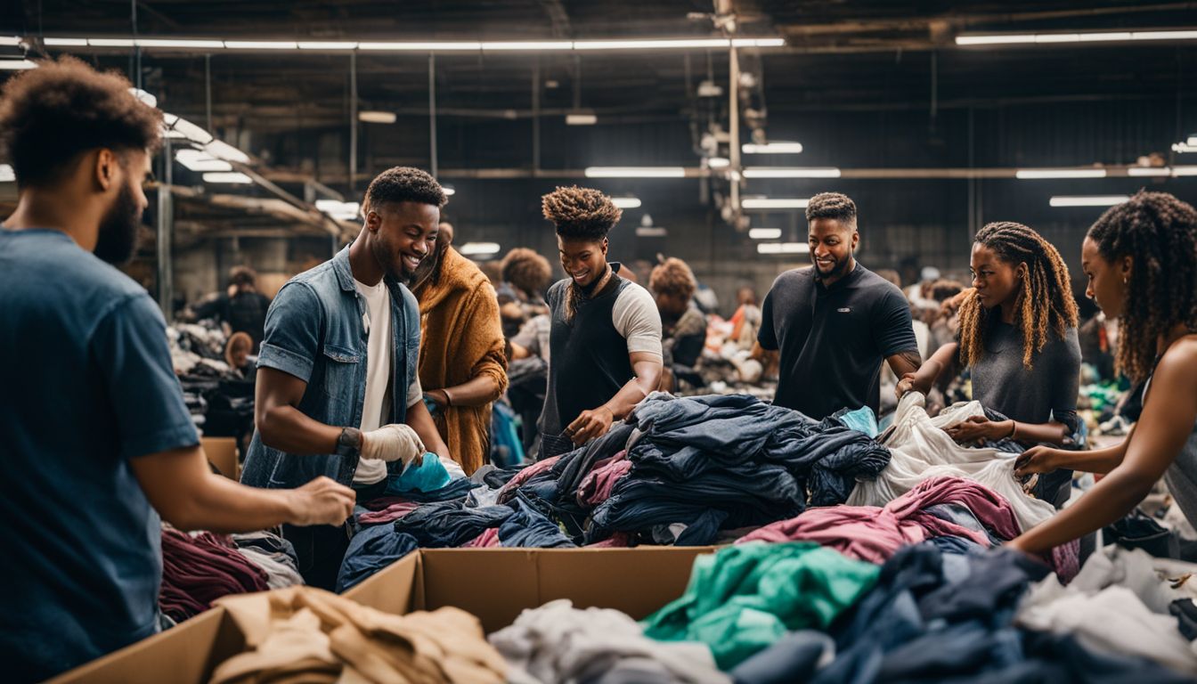 A diverse group of people sorting clothing in a recycling center, working together in a bustling atmosphere.