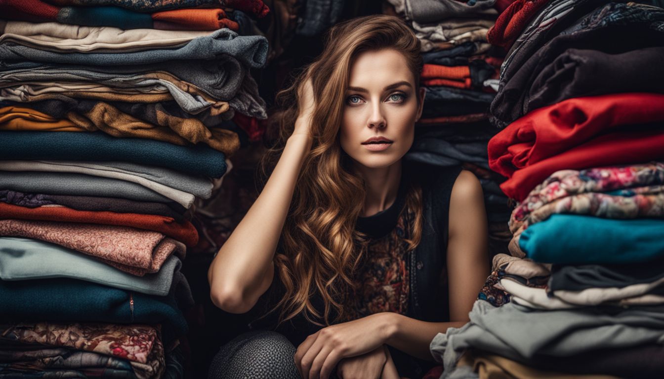 A Caucasian woman surrounded by her unique upcycled clothing creations in a studio setting, showcasing different faces, hair styles, and outfits.
