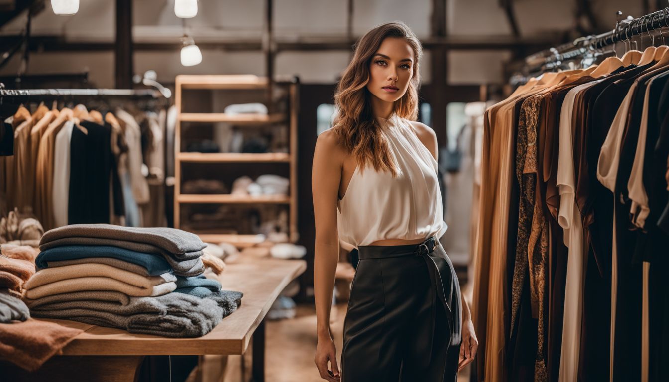 A model wearing sustainable clothing poses in front of a rack of eco-friendly fashion items.