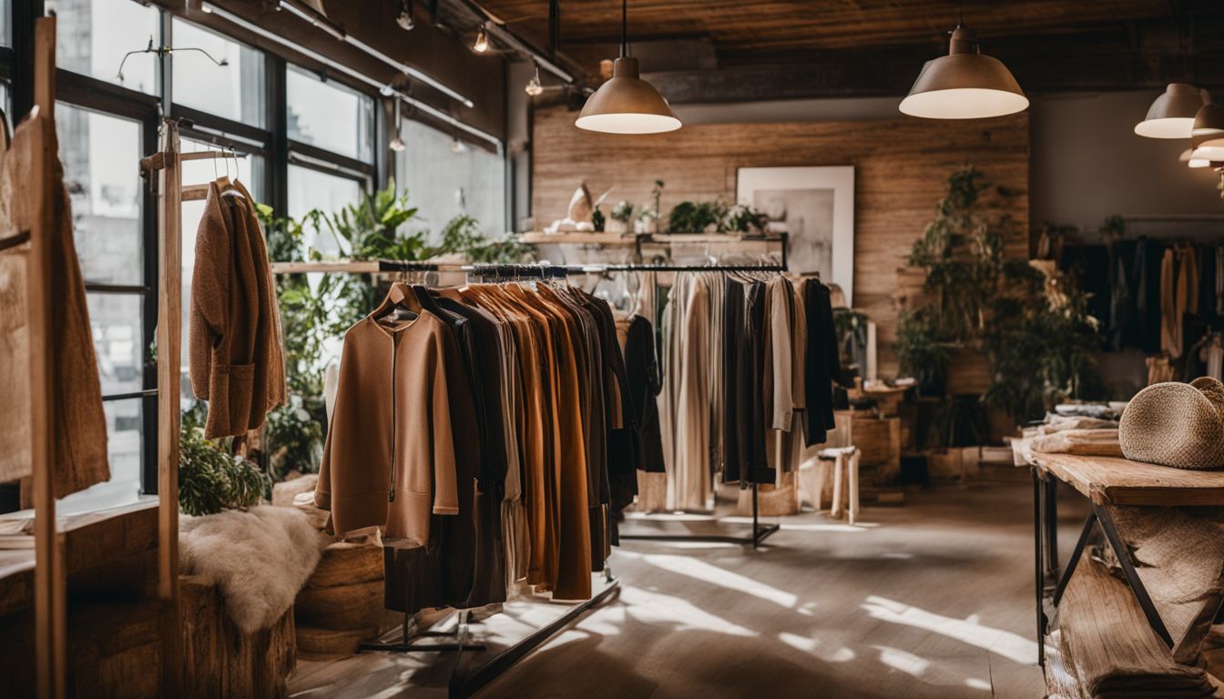 A diverse selection of sustainable clothing is showcased in a well-lit boutique store.