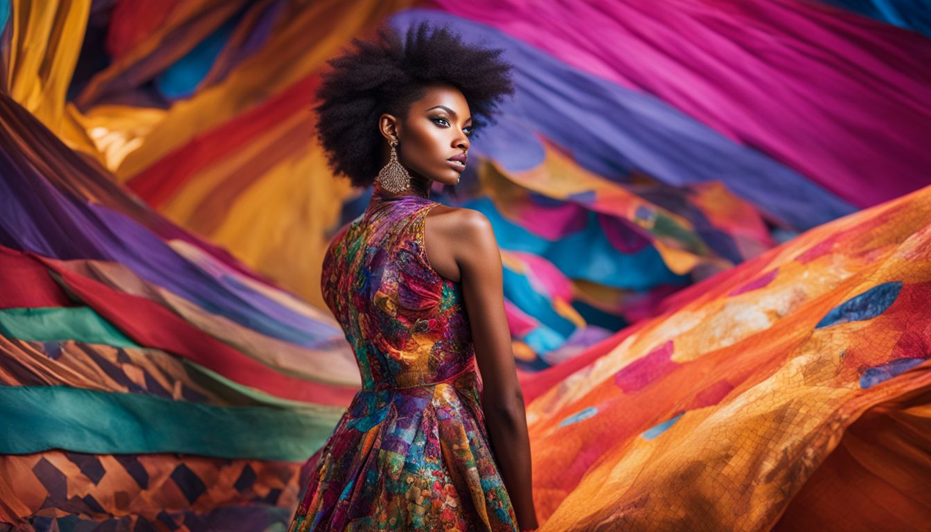 A model wearing a unique dress made from unconventional materials, surrounded by vibrant colors and patterns, in a fashion photography shoot.